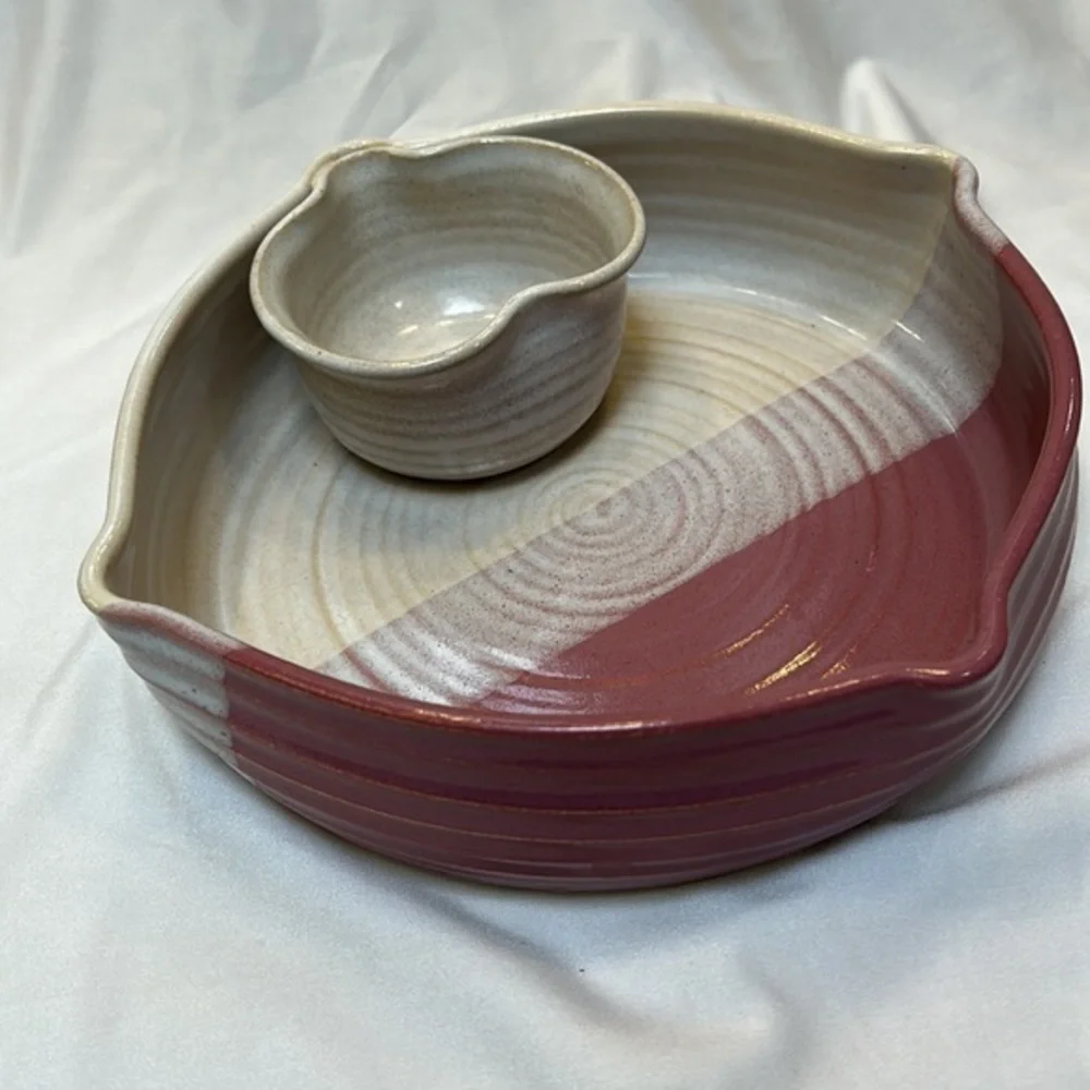 Handmade Pottery Chip and attached Dip Bowl